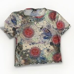 Urban Outfitters Sheer‎ Mesh Celestial Sun Crop Top Lettuce Hem Y2K Fairy Grunge
